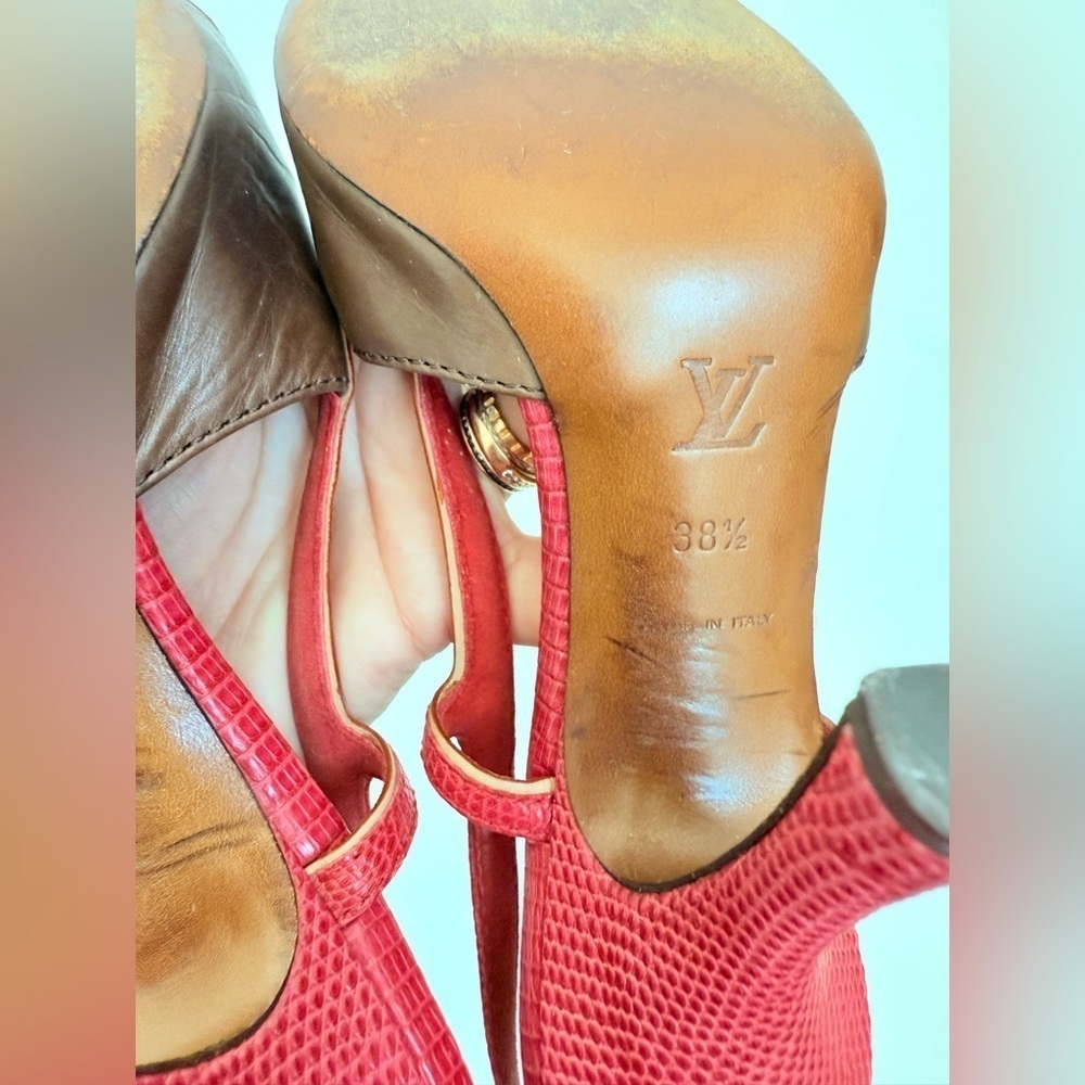 Louis Vuitton Brown Red Leather Takashi Murukami Cherry Sling back pumps EU 38.5 - Picture 6 of 10